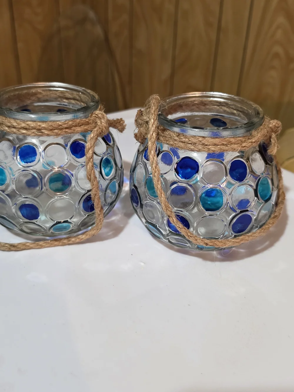 Glass Mosaic Tealight Holders with Rope Handle - Blue/Teal